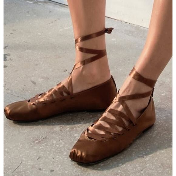 ZARA Lace Up Ballet Flats NWT Ochre Brown Satin Effect Size 7.5 - Picture 3 of 16